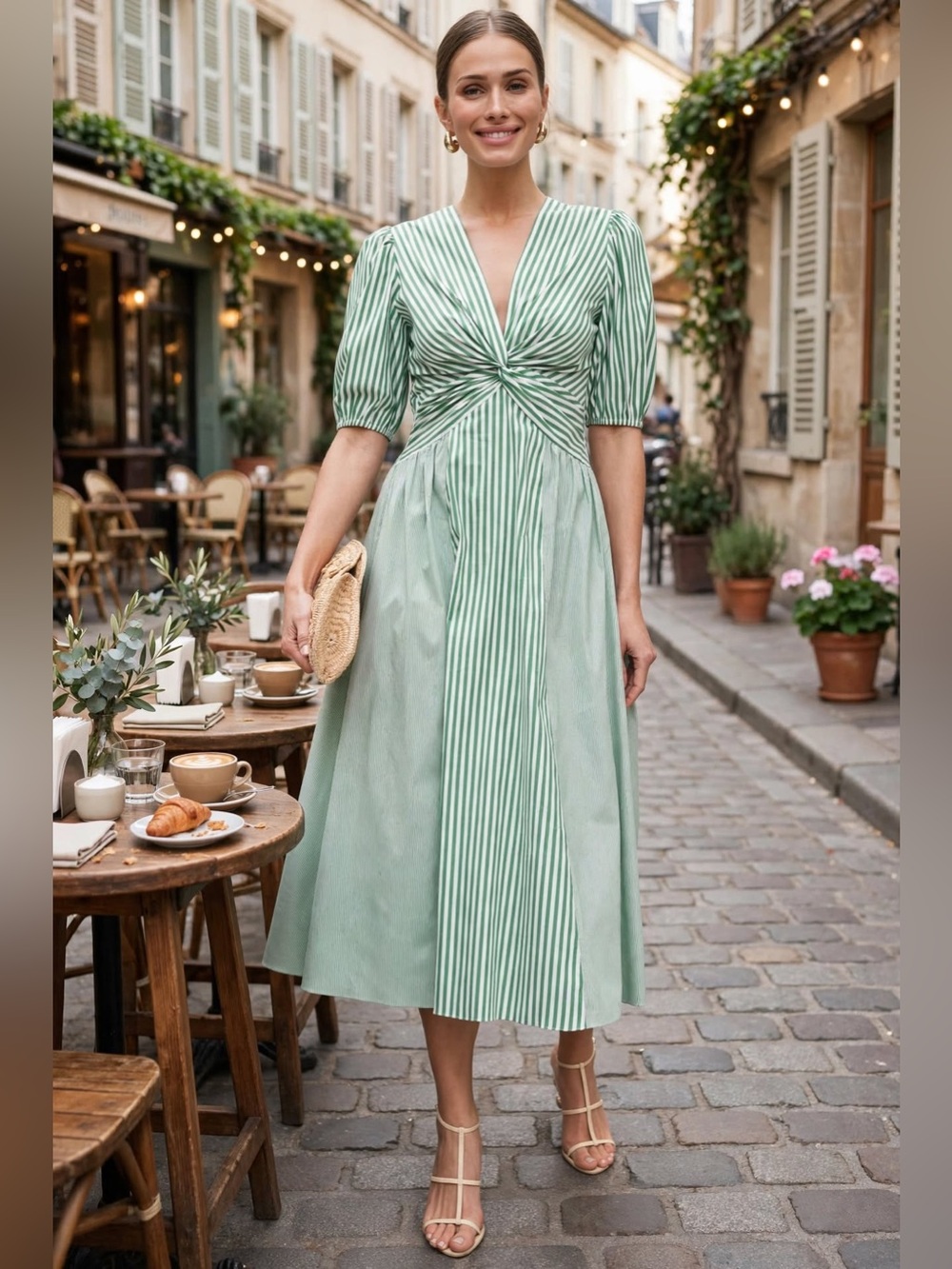 Shoshanna Margaret Striped Cotton A-Line Midi-Dress Twist-Front Sz 14.
